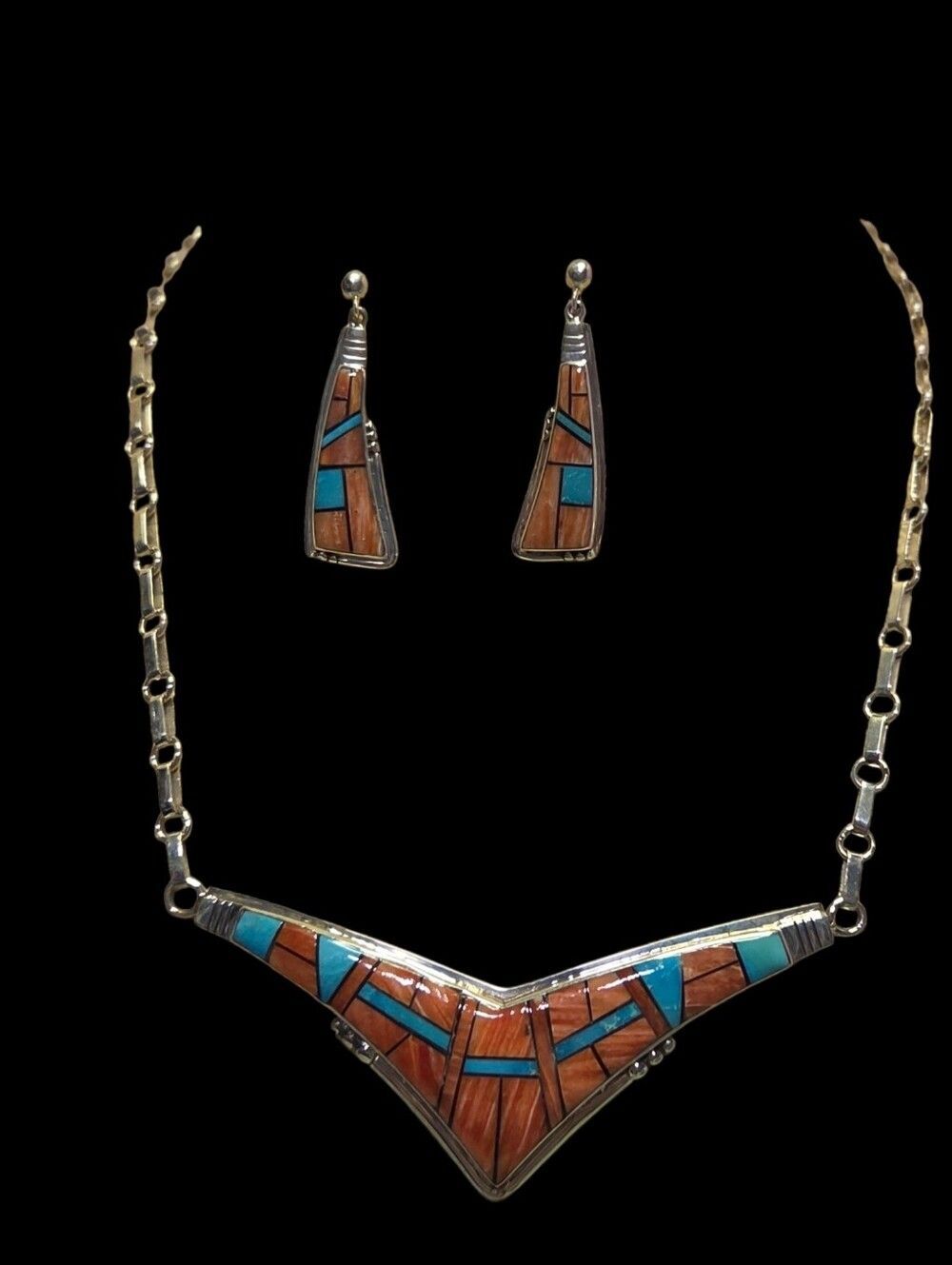 CB Sterling Turquoise & Spiny Oyster Inlay Necklace Earring Set